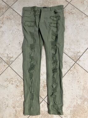 Boohoo Olive Green Distressed Skinny Jeans